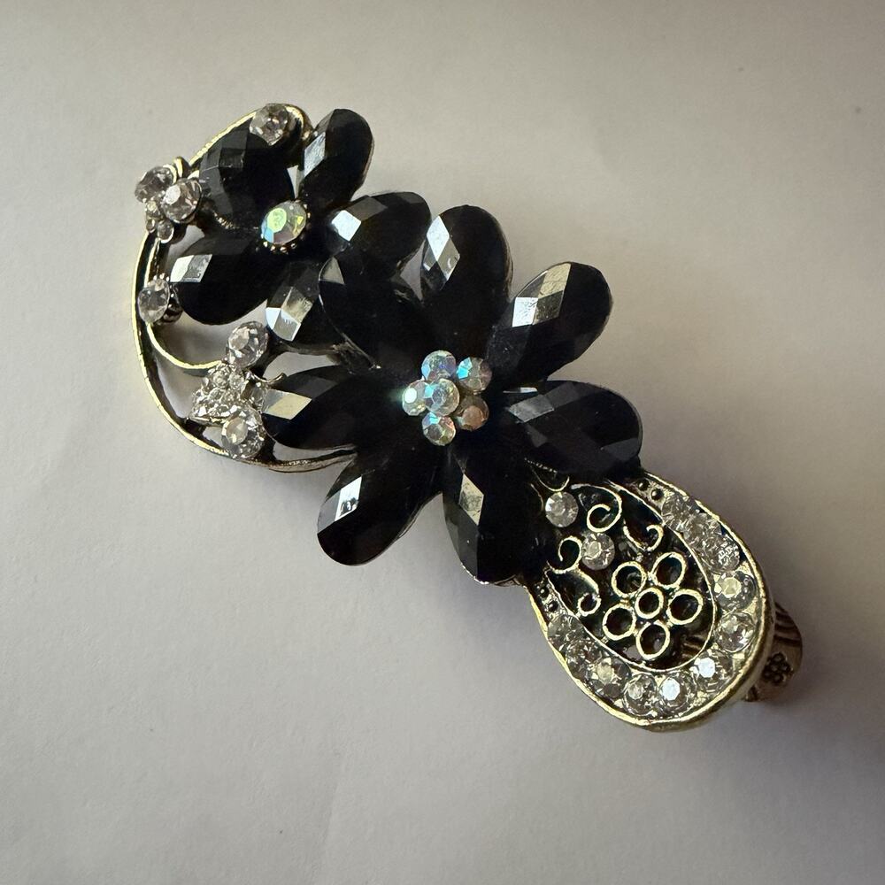 Vintage Black Floral Alligator Hair Clip Rhinestone Jet Crystal Beak Barrette